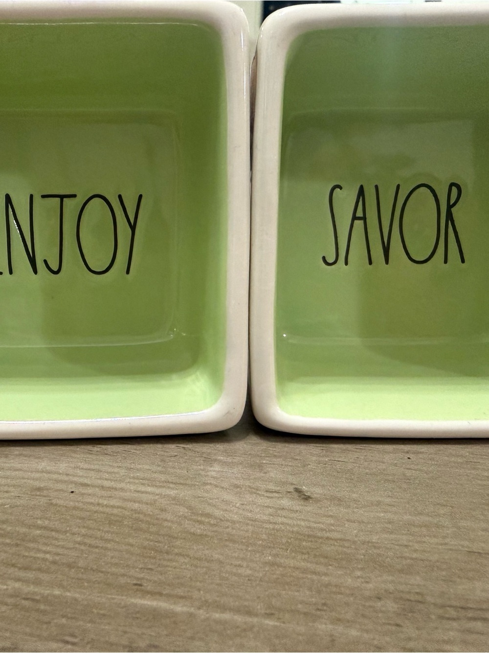 Rae Dunn White & Light Green Ceramic Square Bowls - ENJOY, SAVOR